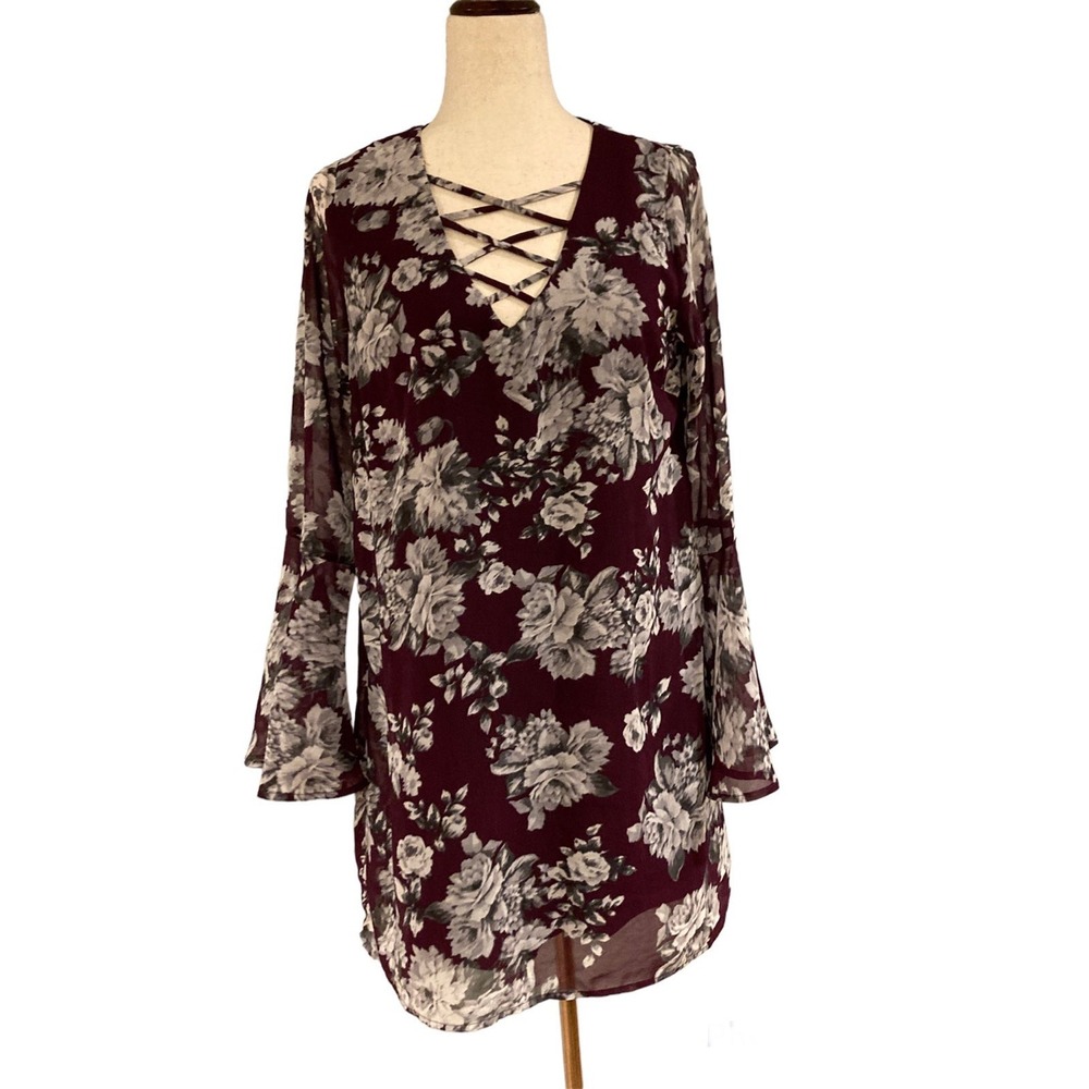 Speechless Womens Medium Tunic Shirt Maroon Flared Bell Sheer Sleeves Floral M